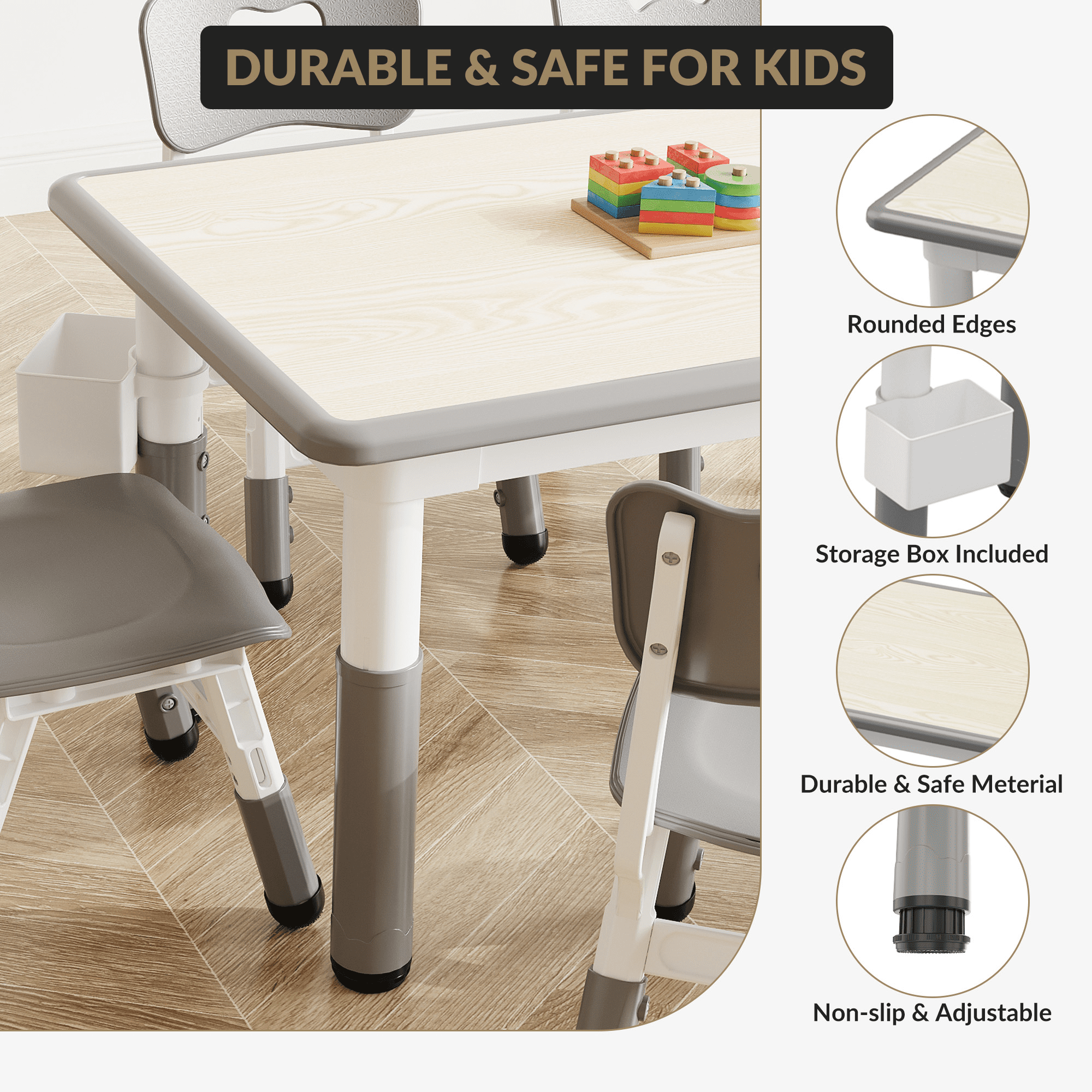 Kids Table and 6 Chair Set with Storage Box, Height Adjustable Toddler Table and Chairs Set for Ages 2-10, Graffiti Desktop, Non-Slip Legs, Children Activity Table for Daycare Classroom Home