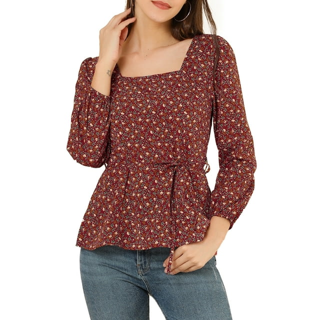 INSPIRE CHIC Blouse à Manches Longues à Encolure Carrée Florale pour Femmes avec Ceinture