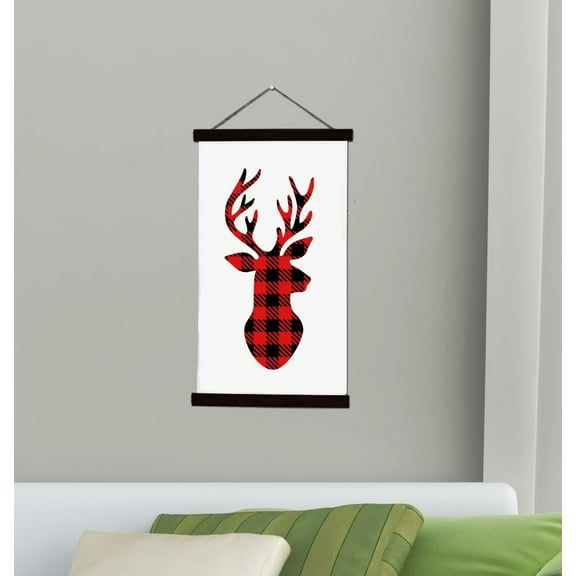 Black Wood Canvas Sign Wall Hanging, Buffalo Red Plaid Check Deer Holiday Wall Art 15x26-Inch