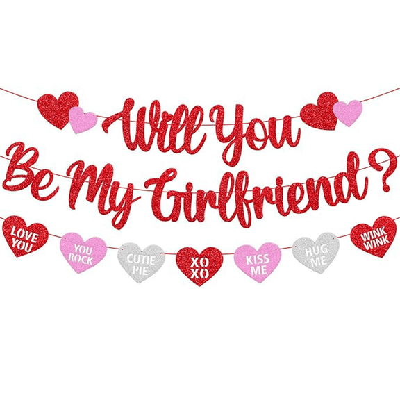 Will You Be My Girlfriend Banner, Red Glitter, Valentine's Day Party Decoration with Heart Garland