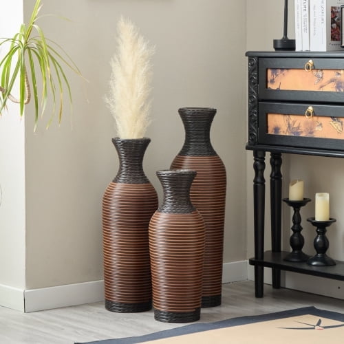 Hand-Woven PVC Rattan Vases Set of 3,GreyBrown and Beige Striped Floor Vases for Home Decor
