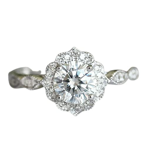 HeartsAndYou 2ct Round Cut Moissanite Vintage Inspired Halo Engagement Ring for Women 18k White Gold over Silver
