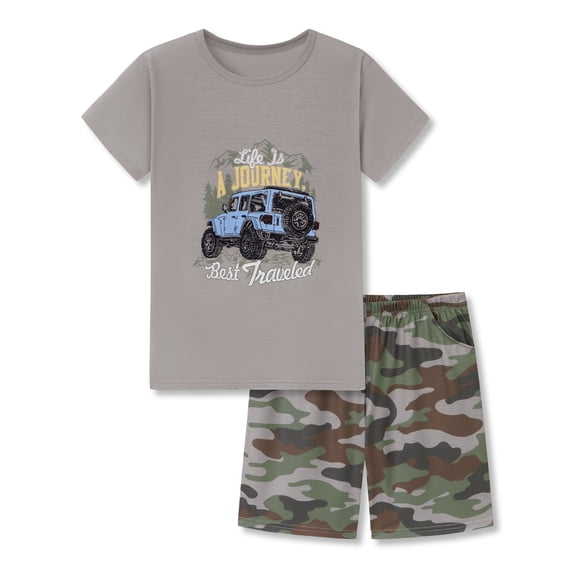 Beezizac Boys Summer Pajama Set, 2-Piece Jeep Camo PJs - Short Sleeves & Shorts Soft Sleepwear Size 10