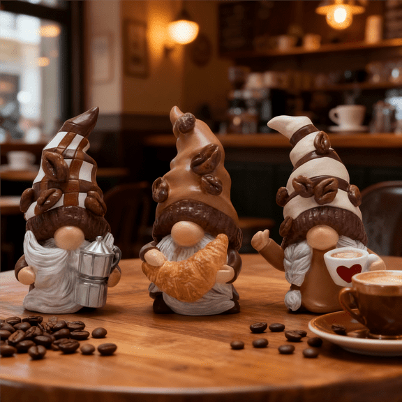 Set of 3 Coffee Gnomes Figurines, Cute Christmas Table Decoration Indoor, Small Christmas Resin Gnome Decor for Bar, Home, Gifts