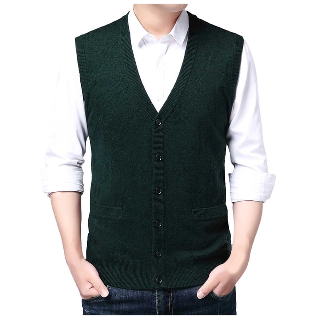 Men's Sweater Vest for Autumn and Winter - Buckle Knit Vest with V-Neck Pure Color Wool Collarless Sleeveless Layering Top Classic Non-Hooded Design for Men