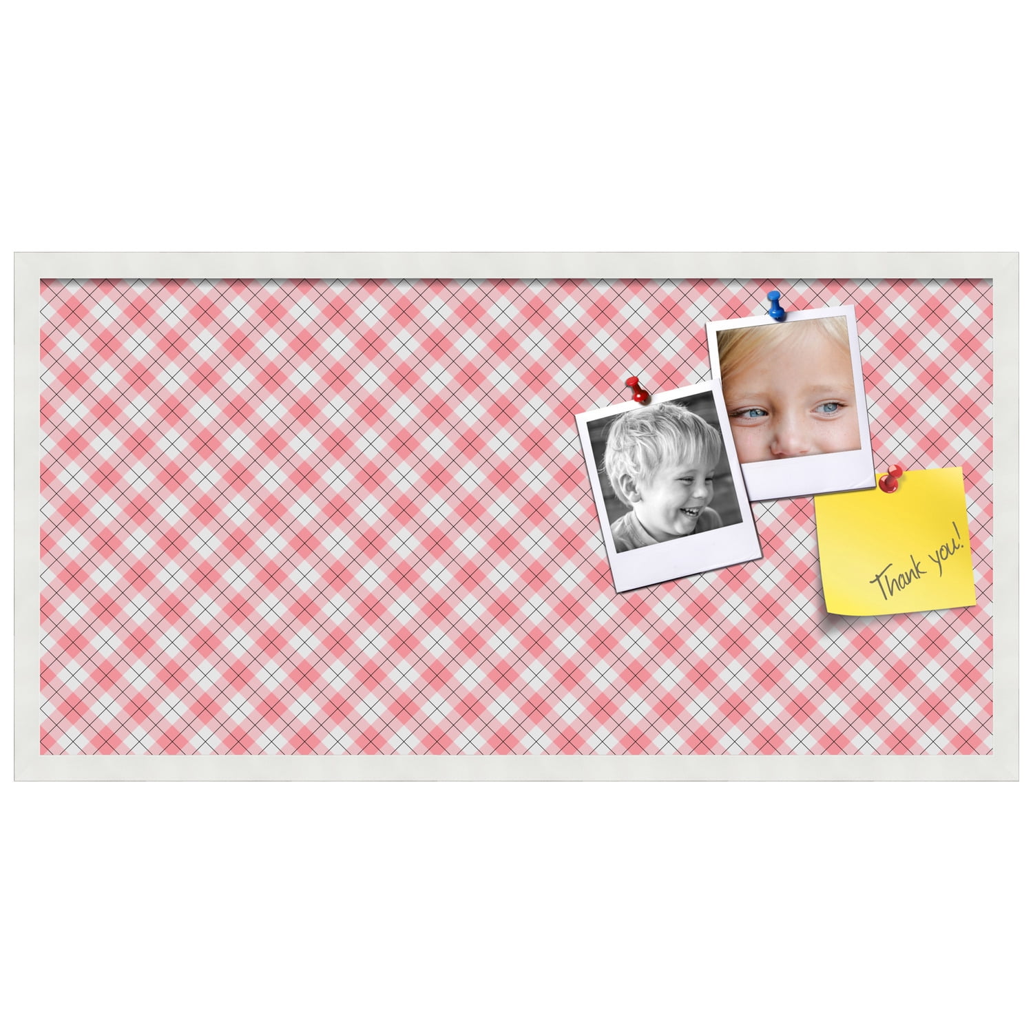 PinPix ArtToFrames 34x16 Custom Cork Bulletin Board Argyle Light Pink   Poster Board Has a Fabric Style Canvas Finish, Framed in Satin White Frame (PinPix-649)