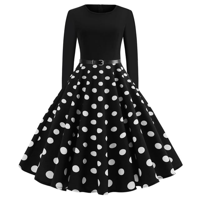 Robe Vintage Évasée Ligne A pour Femmes avec Ceinture, Manches Longues, Imprimé à Pois, Robe de Soirée