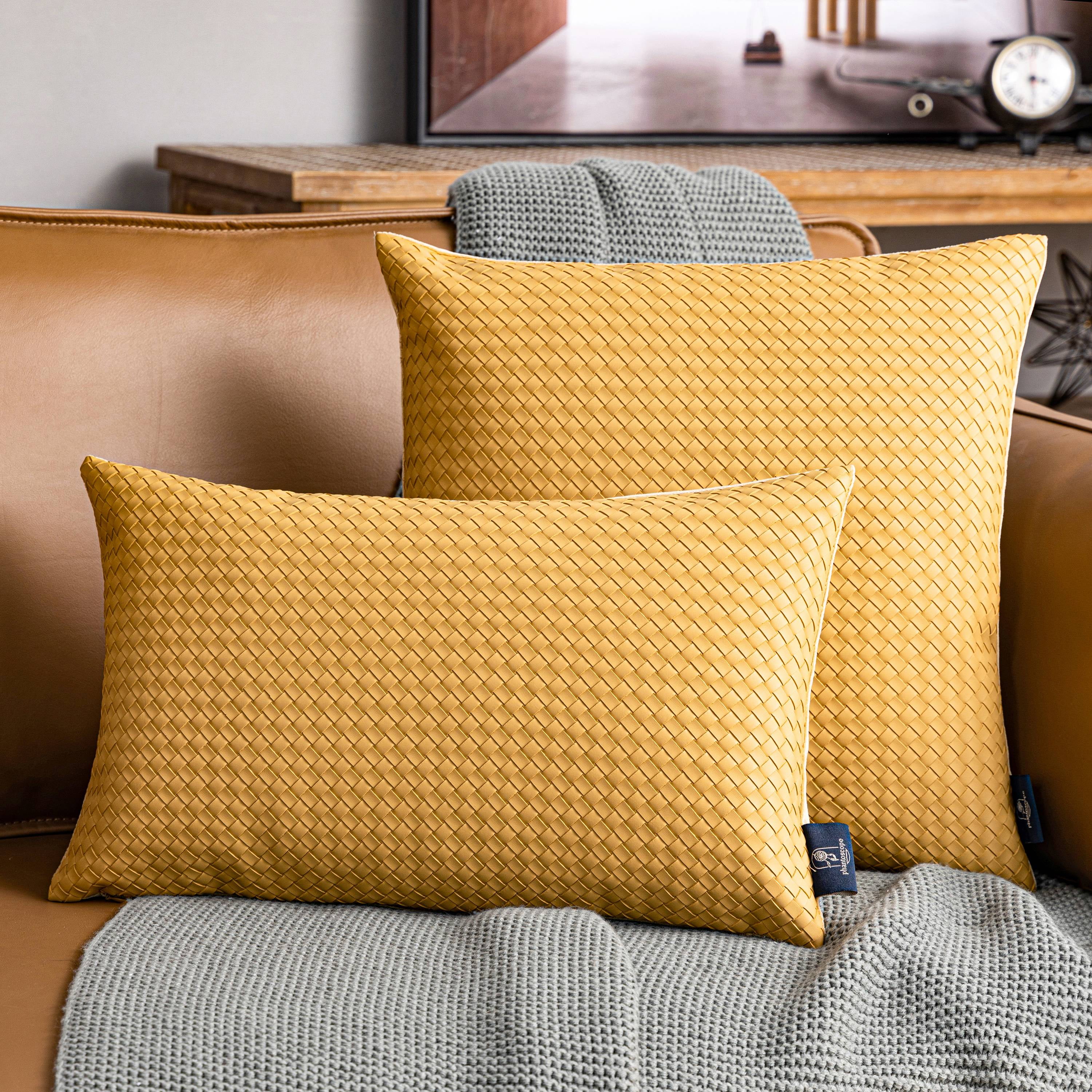 Phantoscope Modern Faux Leather Woven Square Cusion Solid Accent Decorative Throw Pillow for Couch, 12" x 20", Yellow, 2 Pack