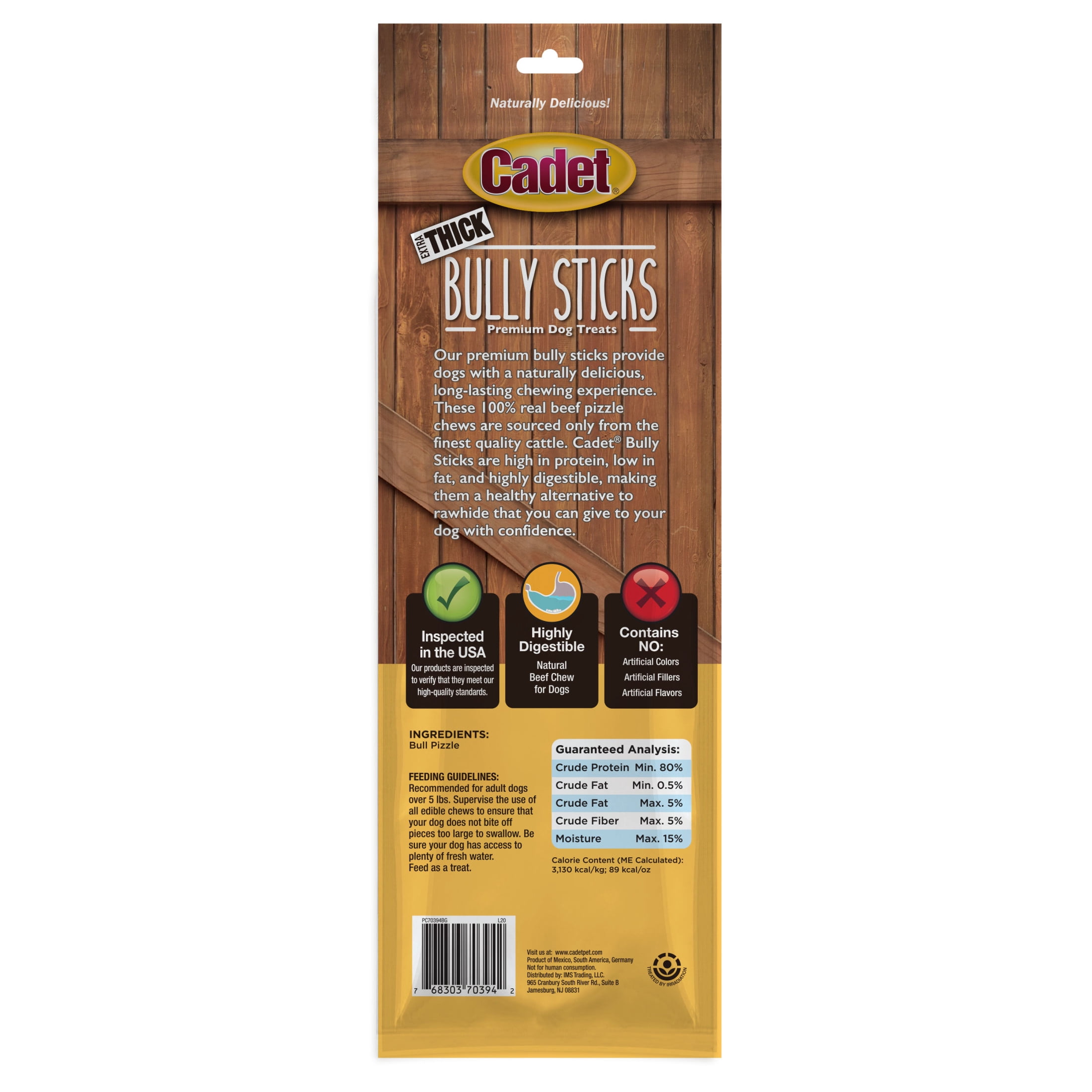 Cadet Bully Stick Dog Treats for Large Dogs, All Natural Beef Pizzle Dog Chews, 6 Ounce, 2 Count