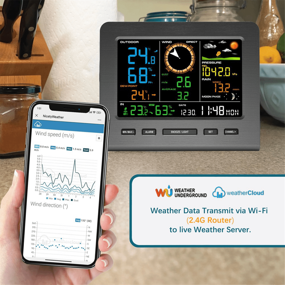 HOT 5-in-1 Wi-Fi Weather Station Display &Wind Speed and Direction Rainfall Forecasts Temperature Humidity US PLUG