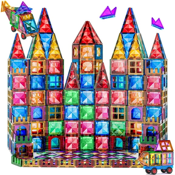 Lucky Doug Magnetic Tiles Toys for Kids Ages 3-12,  102 Pc Magnetic Building Tiles & 2 Cars, Kids STEM Building Toys for Boys Girls Ages 3-12