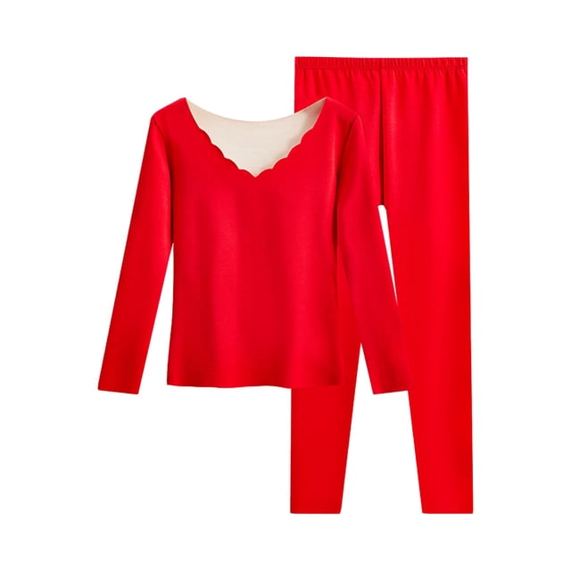 WZXFASHION sous-Vêtements Thermiques pour Femmes Hiver Couche de Base Chaude Longue Temps Froid Doublée en Molleton ThermalNnderwearSet Rouge TTTG