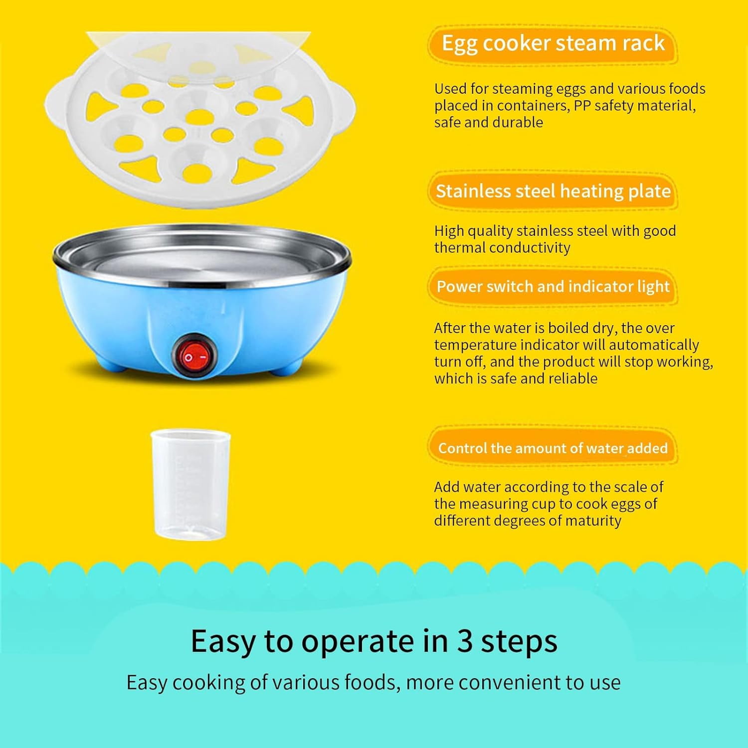 Egg Cooker For Hard Boiled Eggs, Easy Egg Cooker Electric 7-Egg Capacity, Single Layer Hard-Boiled Egg Cooker with Auto Shut-Off, Measuring Cup Included, BPA Free (Blue)