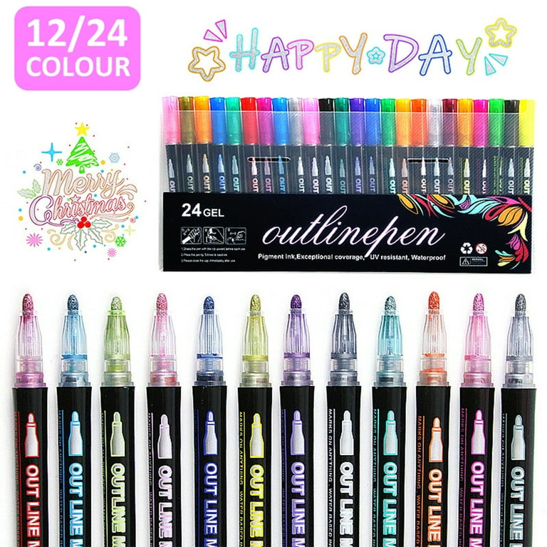 Duety 12pcs Outline Pens Double Line Outline Marker 12 Colors Squiggles Shimmer Metallic Glitter Writing Drawing Pens for Birthday Greeting Painting