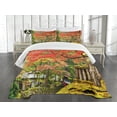 thumbnail image 3 of Ambesonne Japanese Quilted Bedspread Set 3 Pcs, Sakura Tree Blossom, King Size, Vermilion Green Brown, 3 of 5