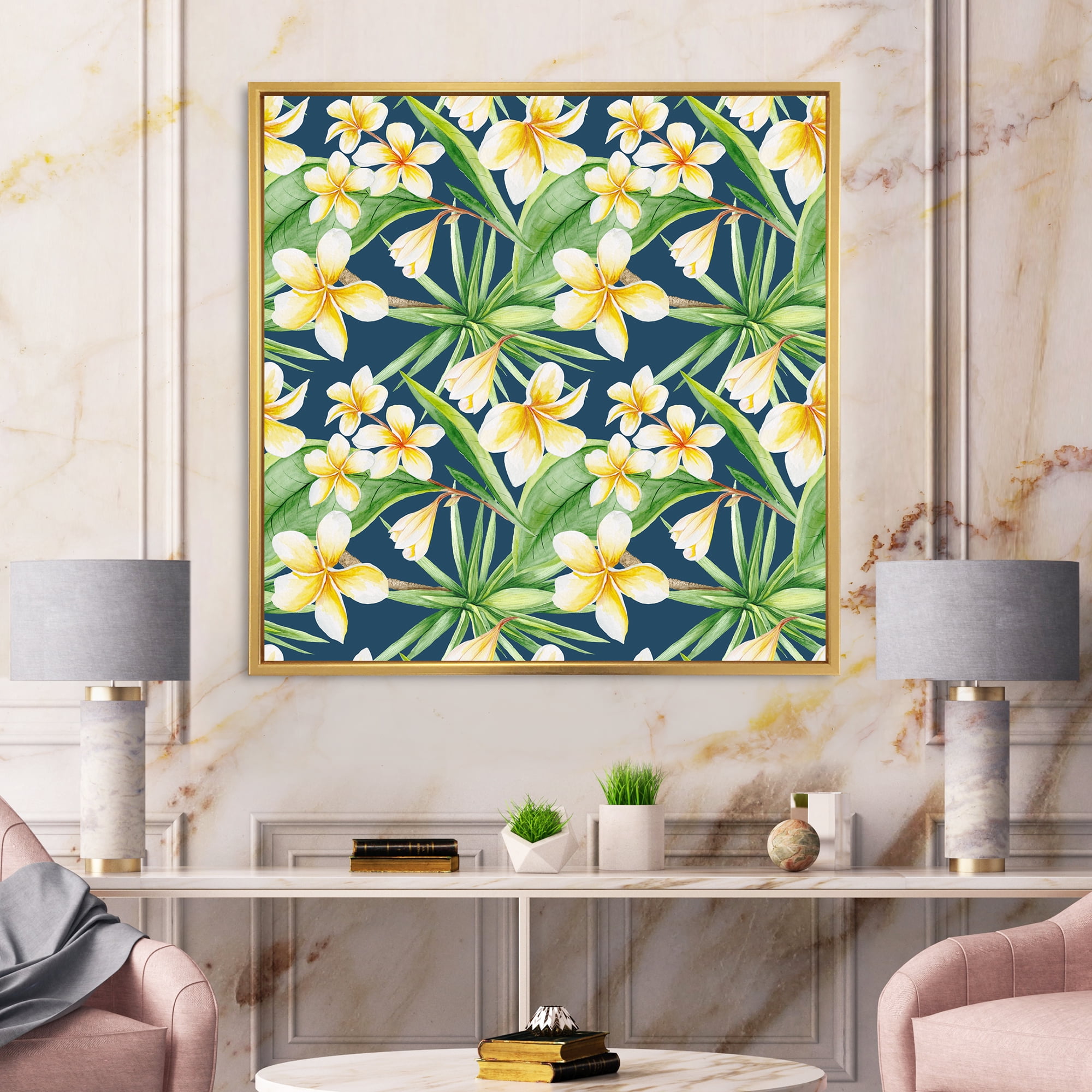 Designart 'Yellow Flowers and Tropical Foliage VIII' Modern Framed Canvas Wall Art Print