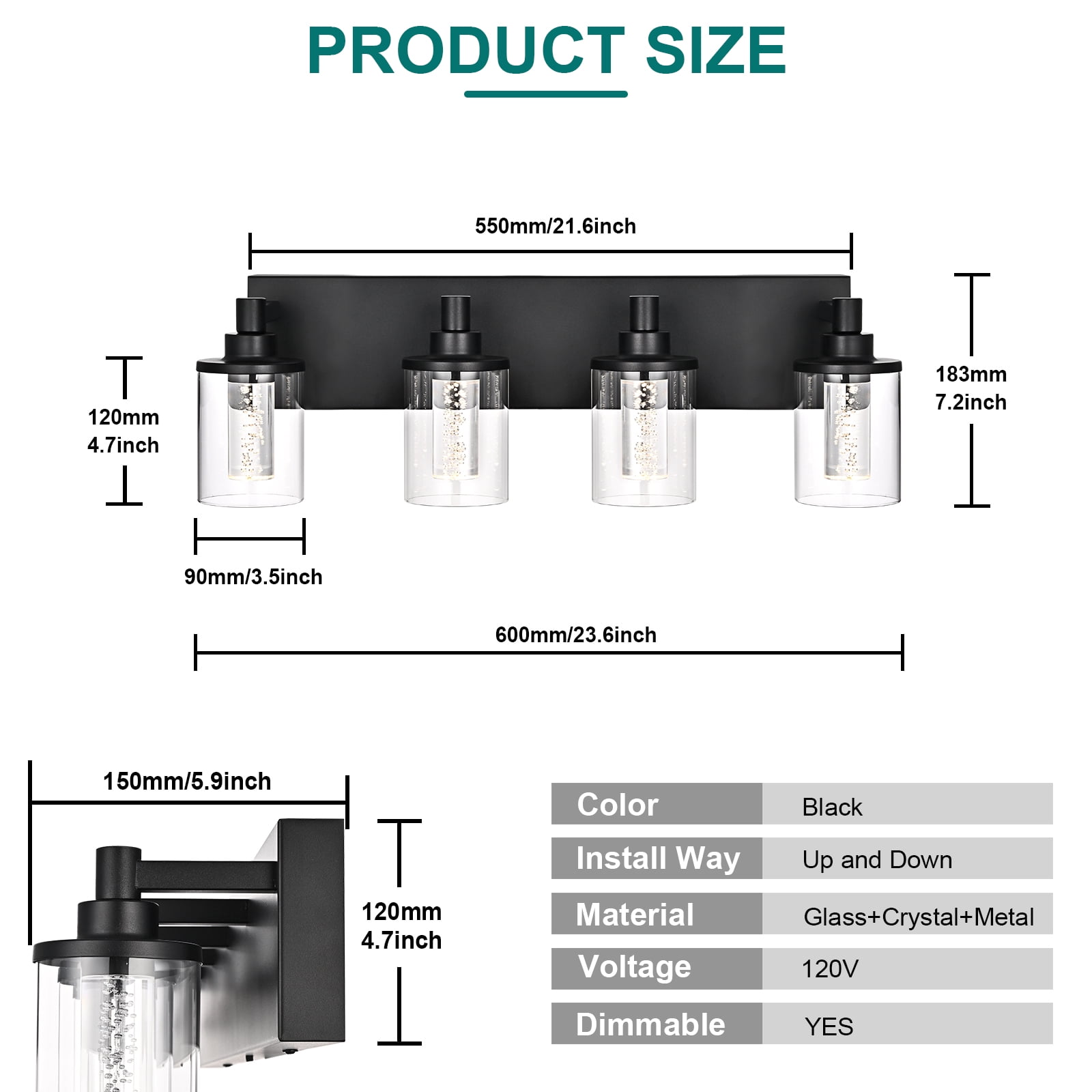 Melucee 5CCT Dimmable LED Black Vanity Lights 4-light, Modern Vanity Lighting Fixtures with Crystal Light Columns and Clear Glass for Bathroom Bedroom