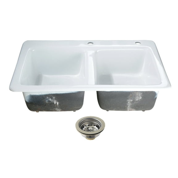 Kingston Brass KGT33229D21 Petra Galley 33-Inch Cast Iron Self-Rimming Double Bowl Drop-In Kitchen Sink (2-Hole) with Basket Strainers x 2 in White/Polished Chrome