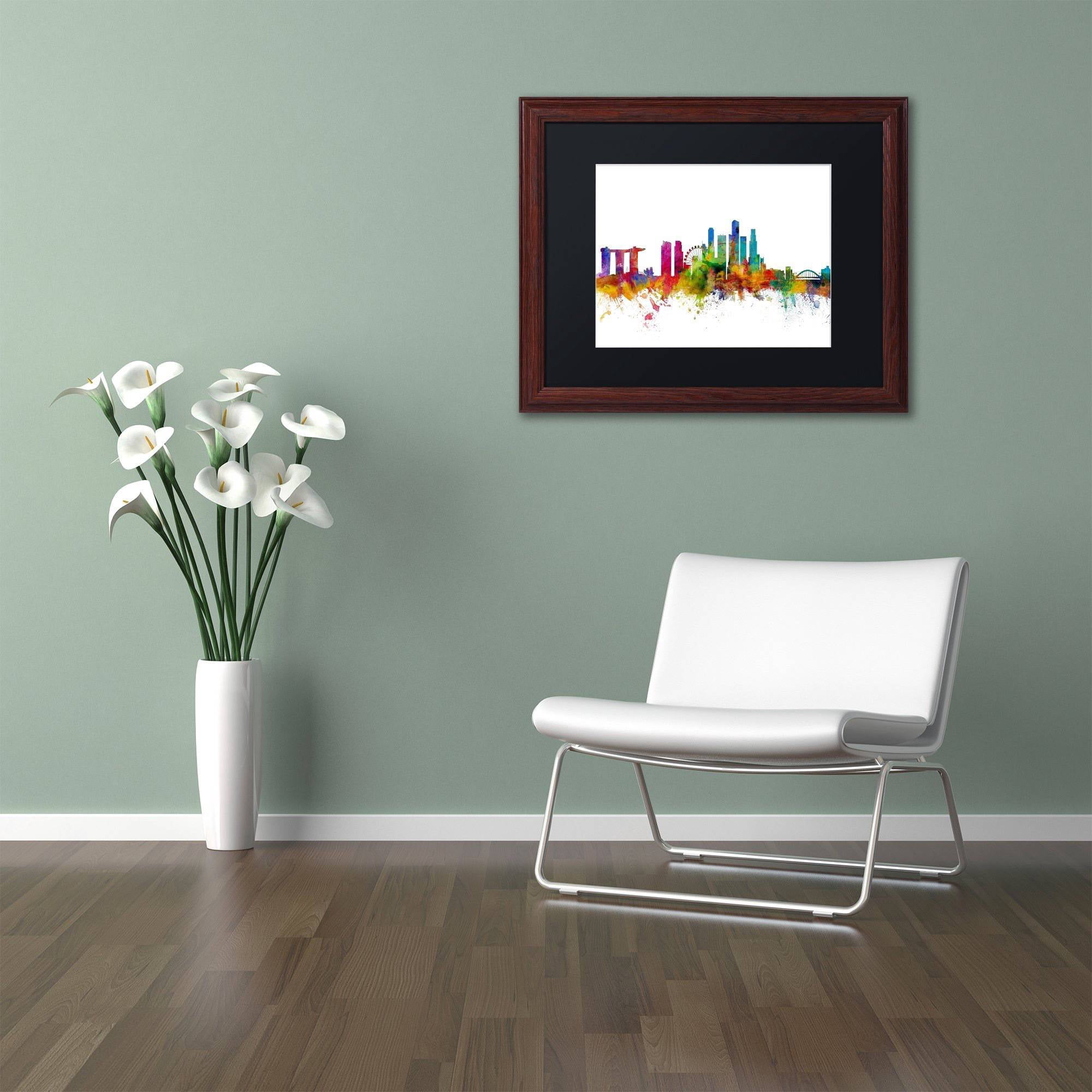Trademark Fine Art "Singapore Skyline II" Canvas Art by Michael Tompsett Black Matte, Wood Frame