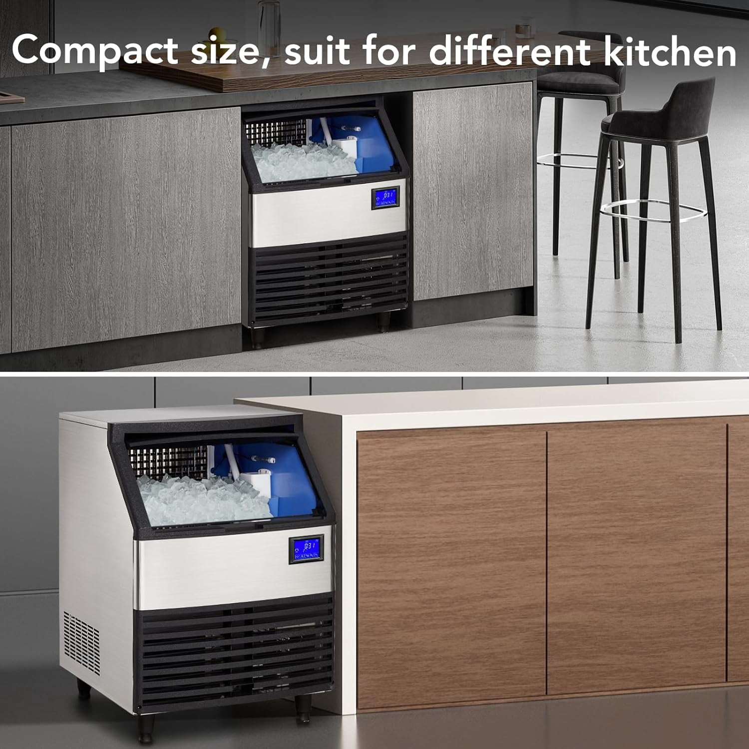 IdealHouse High Capacity Commercial Stainless Steel Ice Maker – 260lbs/24H, 99lbs Storage, LCD Display, Self-Cleaning, Freestanding Undercounter Machine – 110V, 375W