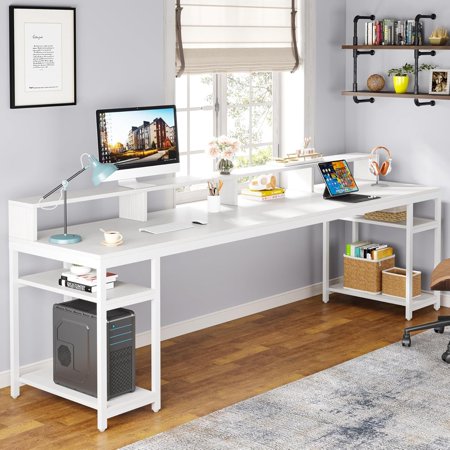 Tribesigns Two Person Desk with Monitor Stand 78.74 Long Double Computer Office Desk with Storage Shelves Large Study Writing Table Workstation for Home Office White