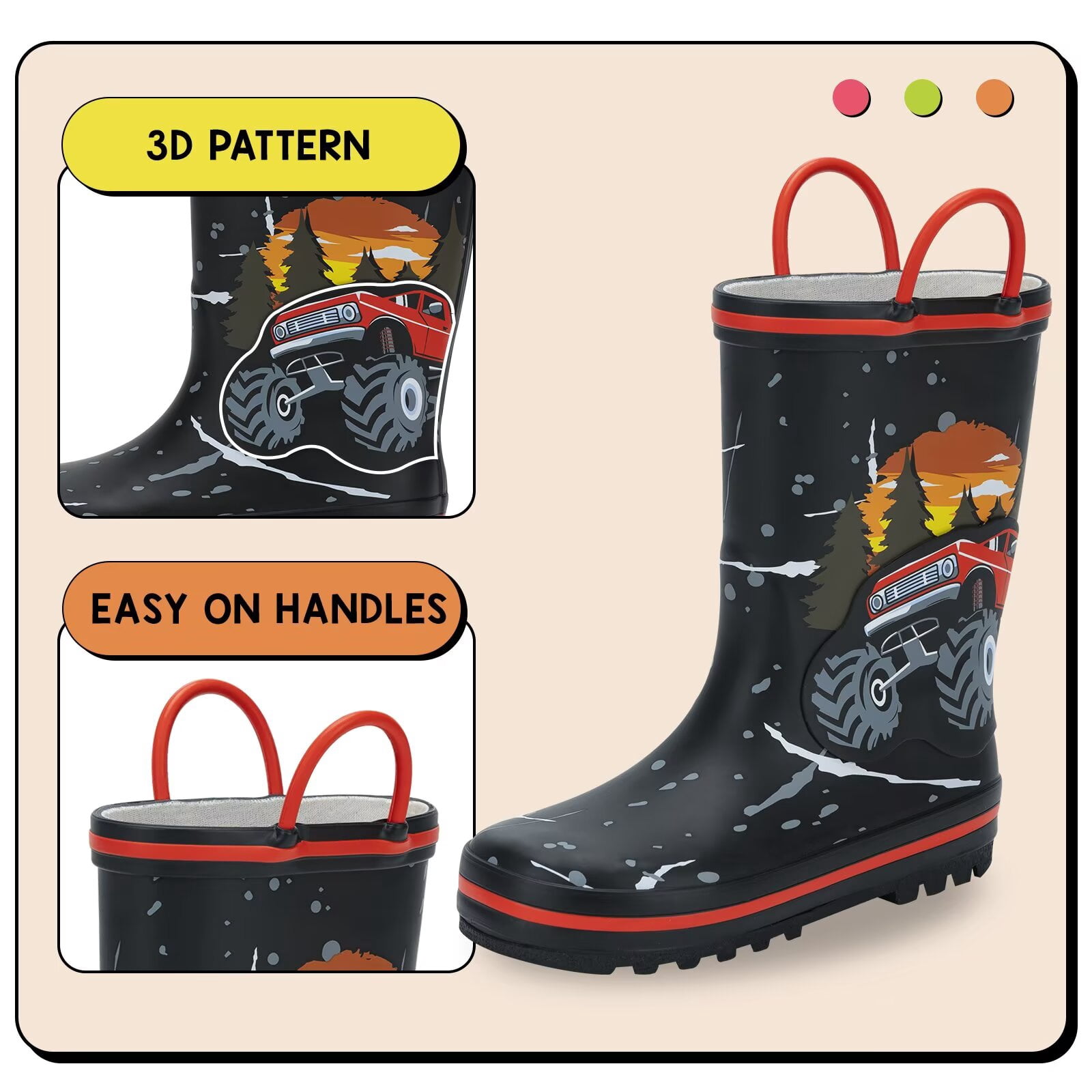 EUXTERPA Toddler Rain Boots for Boys Waterproof Kids Rubber Boots with Easy On Handles Toddler Size 5
