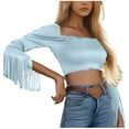 thumbnail image 2 of JGGSPWM Fall Tasseled Short Tops for Women Trendy Long Sleeve Crop Slim Fit Y2K Cute Shirts Going Out Off The Shoulder Top Blue XXL, 2 of 2