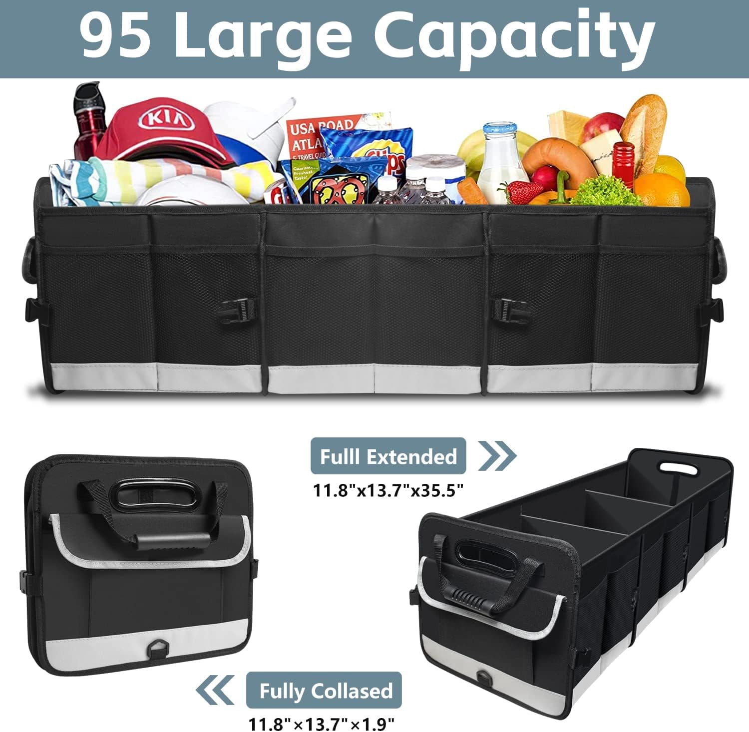 Trunk Organizer for Car, 95L Large Capacity Car Storage Organizer with Non-Slip Bottom Strips, Cargo Organizer for Suv, Truck, Sedan, Waterproof Portable Car Organizers for Women Men
