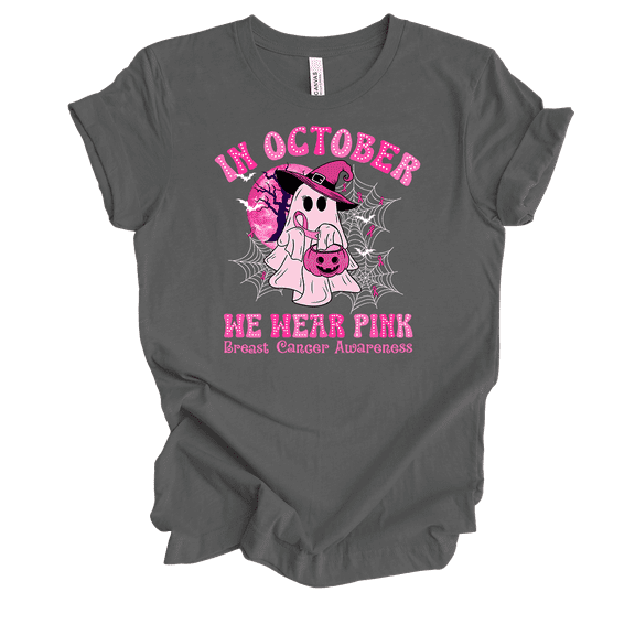 Trenz Shirt Company Women's In October We Wear Pink Cute Ghost Webs Short Sleeve T-Shirt-Asphalt-Medium