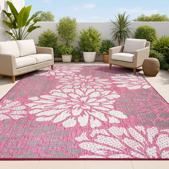 JONATHAN Y SANTA MONICA 5 x 8 Area Rug, Zinnia Floral Textured Weave - Fuchsia/Light Gray, SMB110F-5