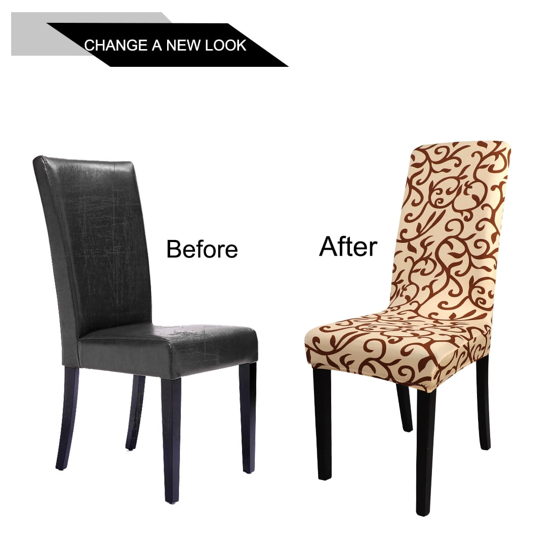Unique Bargains 4pcs Stretch Slipcovers Floral Removable Dining Room Seat Chair Cover Champagne and Coffee Color