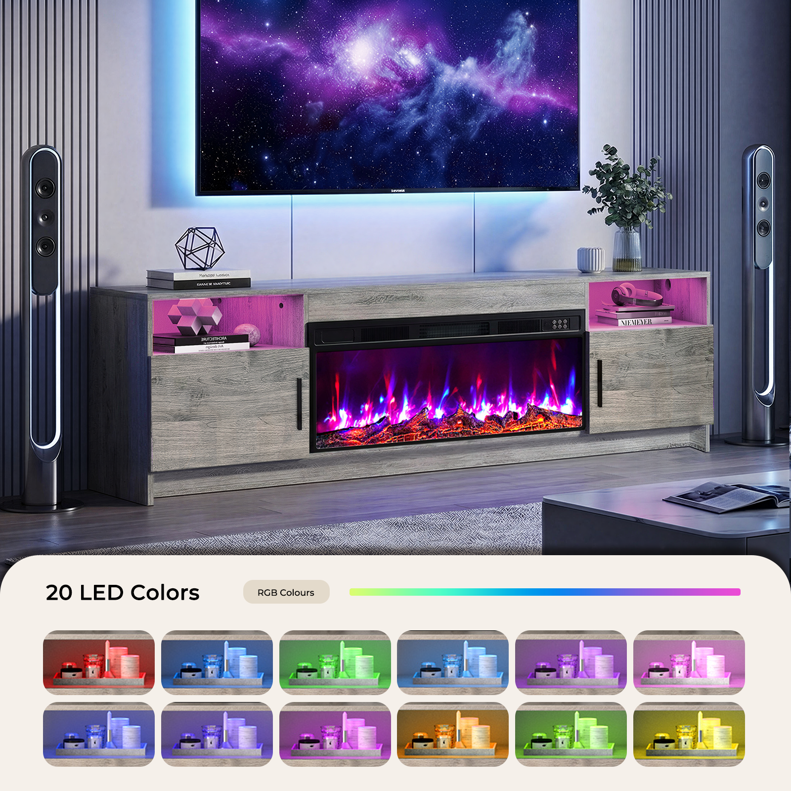 Flictozena 70" TV Stand with 36-Inch Electric Fireplace, Adjustable LED Lights & Storage | Fits TVs Up to 80 Inches | Modern Entertainment Center with Gray Doors