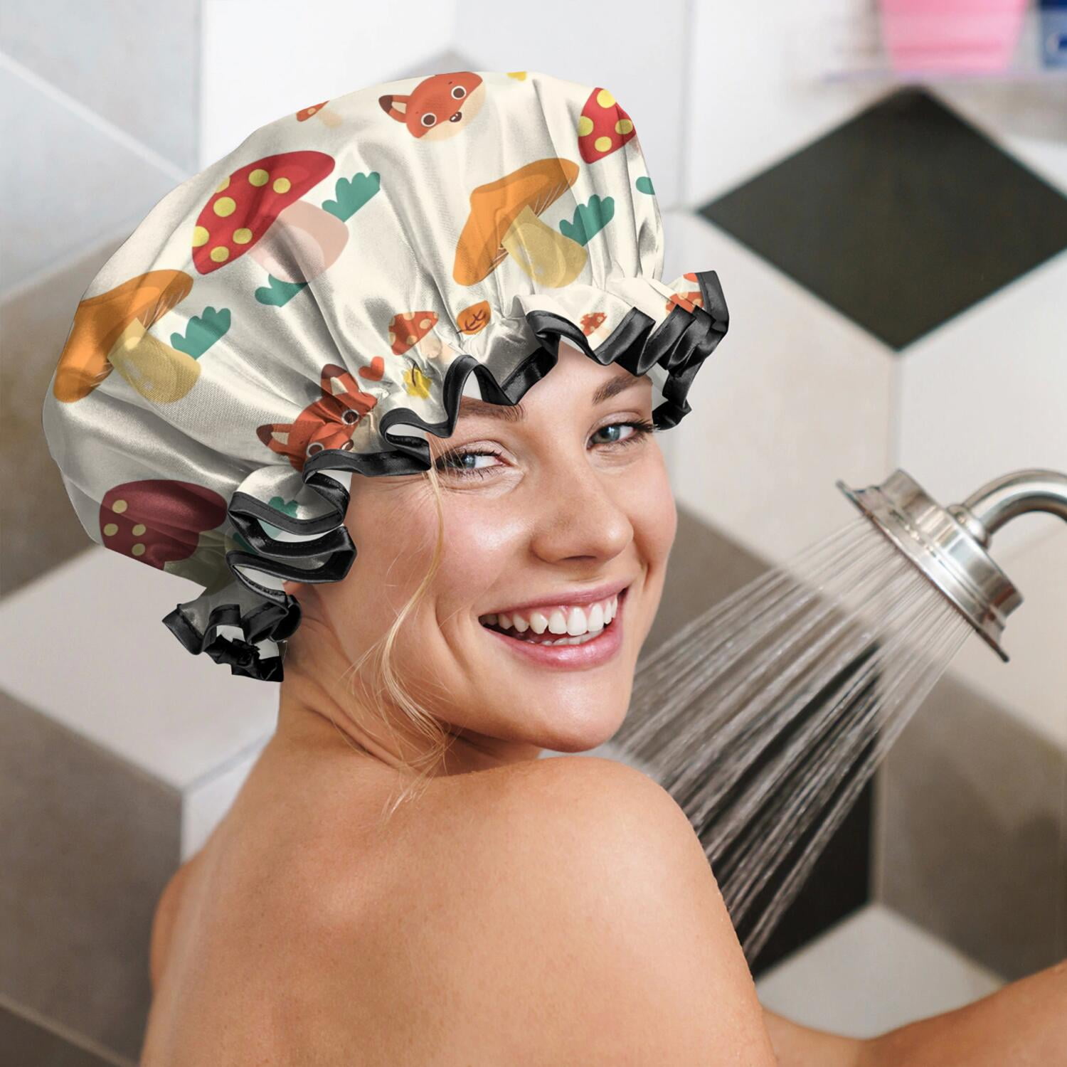 Shower Caps,Orange Mushroom Fox Light Pattern Waterproof Shower Cap for Women 4 Pieces,Double Reusable Hair Cover for Shower PEVA Elastic Stretch Hem