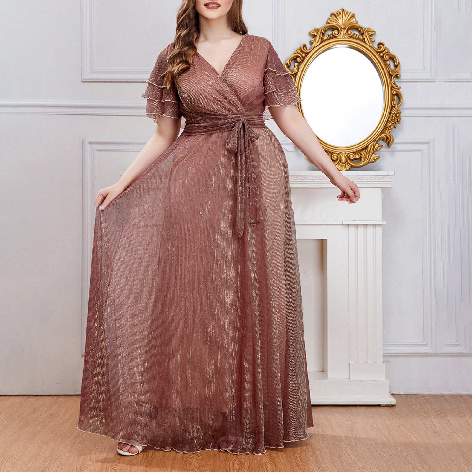 OSFVNOXV Fall Wedding Guest Dresses for Women Plus Size Chiffon Ruffle Sleeve V-Neck High Waisted Bodycon Swing Gown Party Dress