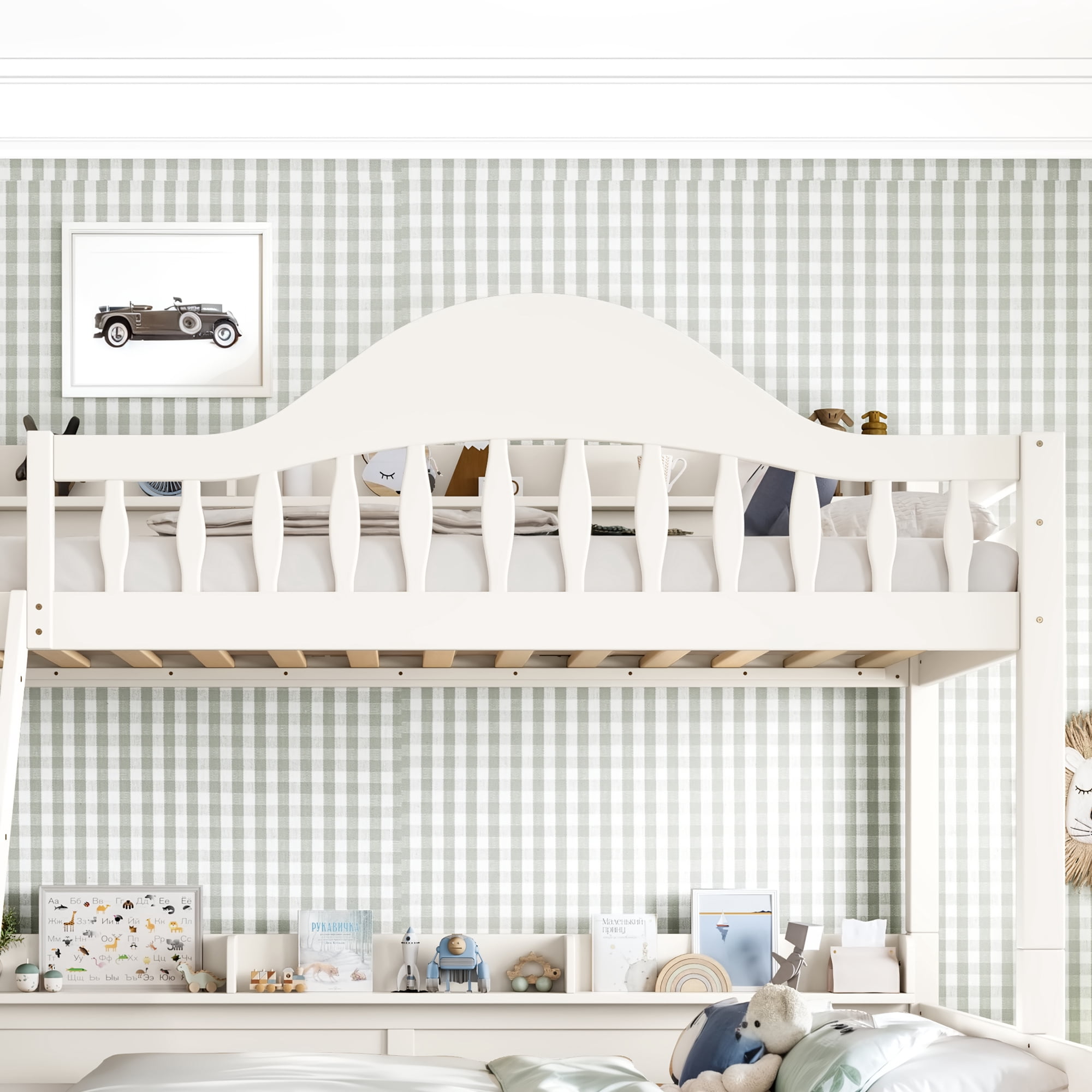 Leumius Twin over Full Bunk Bed with Storage Drawers, Chic Curved Guardrail & Side Storage Shelves, Bunk Bed Frame with Ladder Beige
