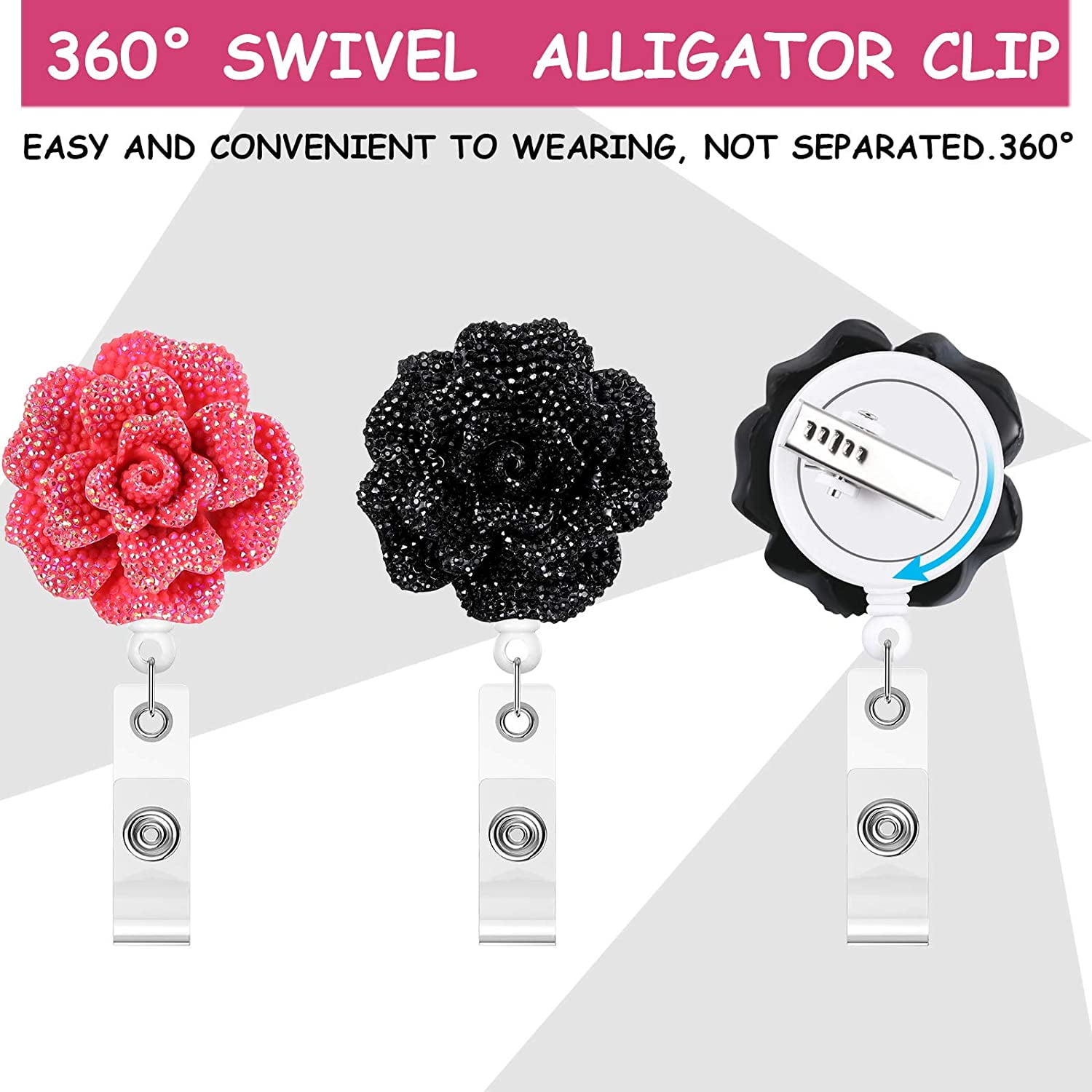 6 Pieces 24 Inch Retractable Badge Reels, Glitter Rose ID Badge Holder with  360 Degree Rotatable Alligator Clip, Name Badge Clip Reel with Retractable