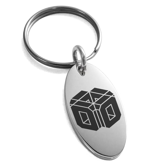 Stainless Steel Letter O Initial 3D Cube Box Monogram Engraved Small Oval Charm Keychain Keyring