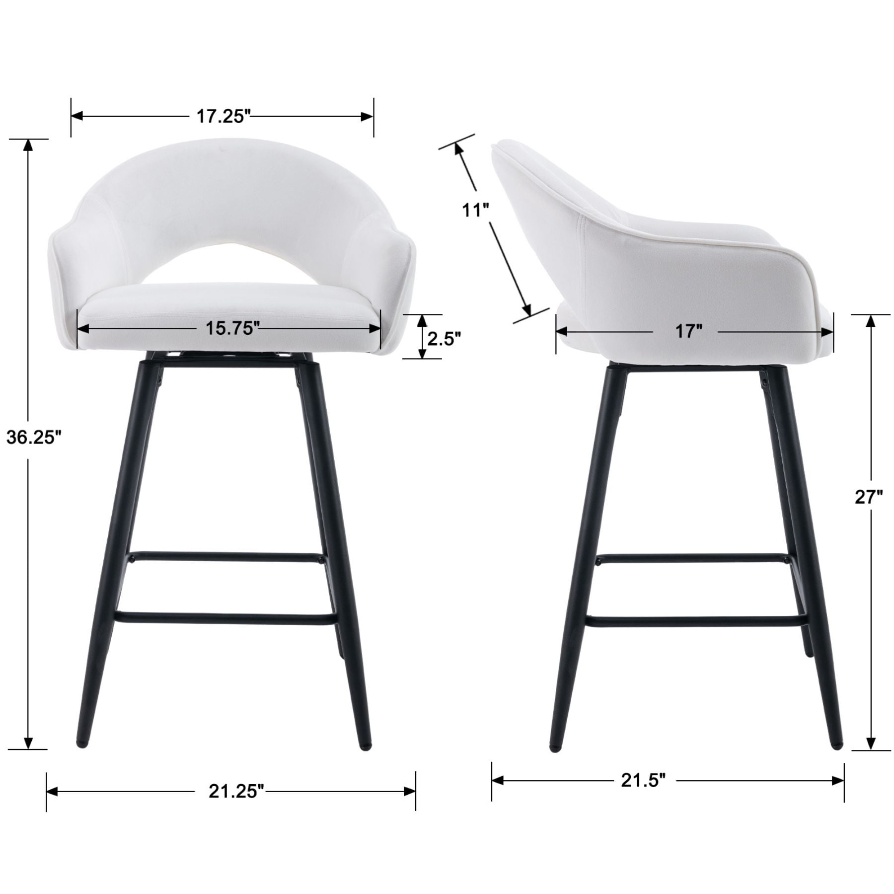 27" Modern Swivel Bar Stools Set of 2, Velvet Counter Height Stools with Metal Legs, Hollow Curved Backrest for Kitchen Island, Home Bar, Bistro, Cream White