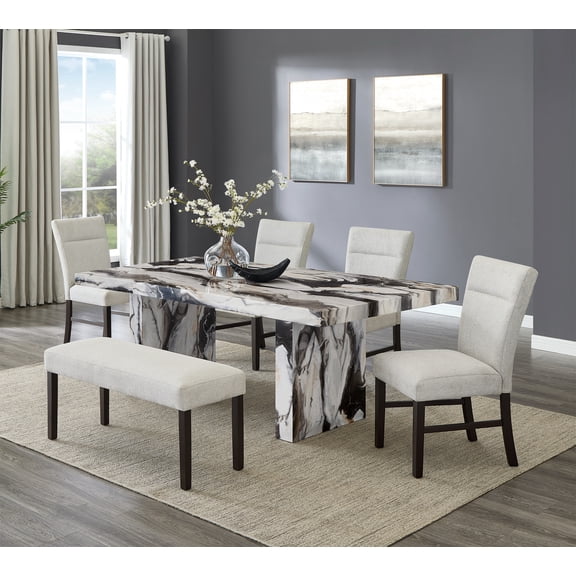 Roundhill Furniture Cavira Modern Faux Marble Dining Table with 4 Chairs and Bench