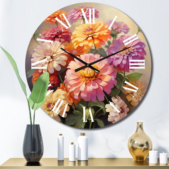 Designart "Romantic Impression of Colorful Zinnias IV" Floral Oversized Wall Clock
