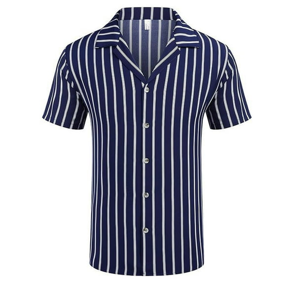 ZCFZJW Men's Casual Striped Shirt Short Sleeve Vintage Bowling Shirt Cuba Beach Summer Shirts Button Up Shirt Trendy Holiday Vacation Beach Tops Navy S