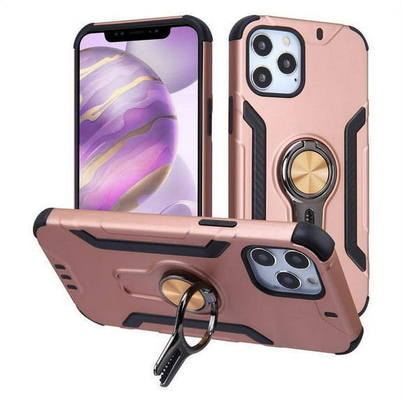 Apple iPhone 12 PRO MAX /6.7" Ring Stand Hybrid Rugged Heavy Duty Armor 2 layers with Car Air Vent Rotation Ring Holder fit Magnetic Car Mount [Rose Gold] Phone Cover Fit iPhone 12 Pro Max