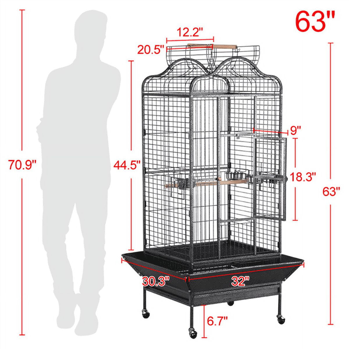 Extra Large Bird Cage with Rolling Stand, 3 Feeding Bowls and 2 Perches, Black
