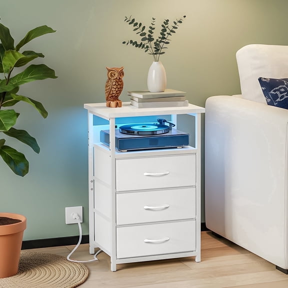 TOMNK LED Dresser with Charging Station, Bedside Table Night Stand with 3 Fabric Storage Drawers, White