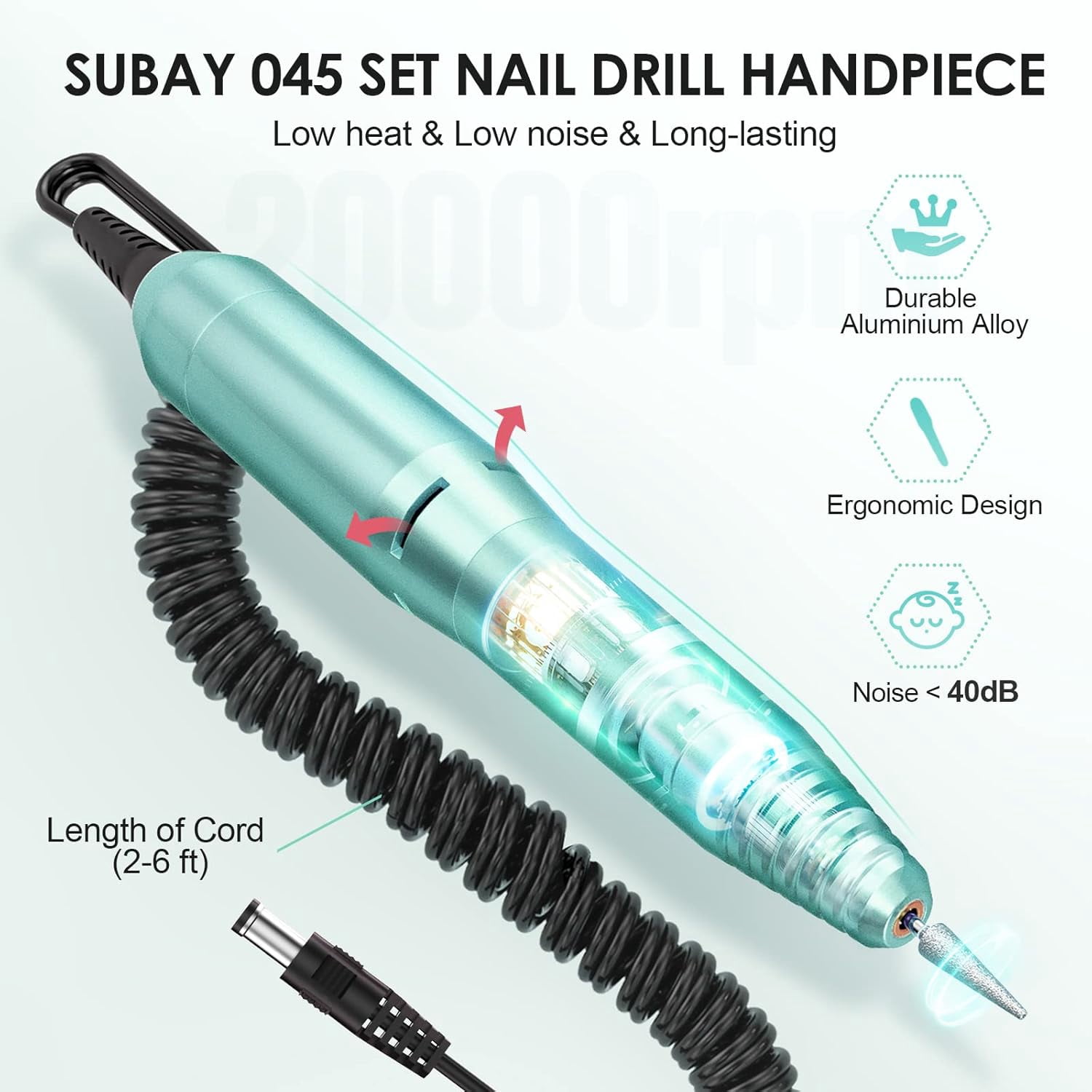 Electric Nail Drill Machine for Manicure Pedicure - 20000RPM Professional Nail File Kit with 1 Pack Sanding Bands - Low Noise Efile for Acrylic Nails - Home Salon Use
