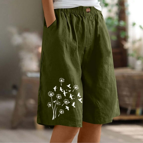 Juslio Women Shorts Straight Leg Casual Pockets Loose Comfy Cotton Linen Print Athletic Shorts Women