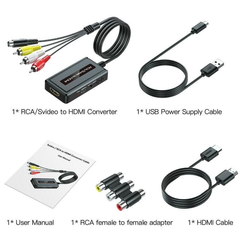 RCA to HDMI Converter with HDMI Cable+RCA Cable+Svideo Cable+RCA F-F Adapter , Composite AV to HDMI Adapter, RCA/S-video+R/L Audio Input to HDMI Output Supports 720P/1080P Output Switch Walmart.com