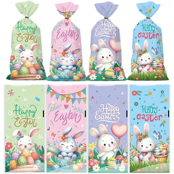 Jiibva 100pcs Easter Gift Bags with Twist Ties, Cellophane Easter Egg Bunny Gift Wrap Treat Bags for Packing Goodies Candies Cookies Candy Sweets Party Favors