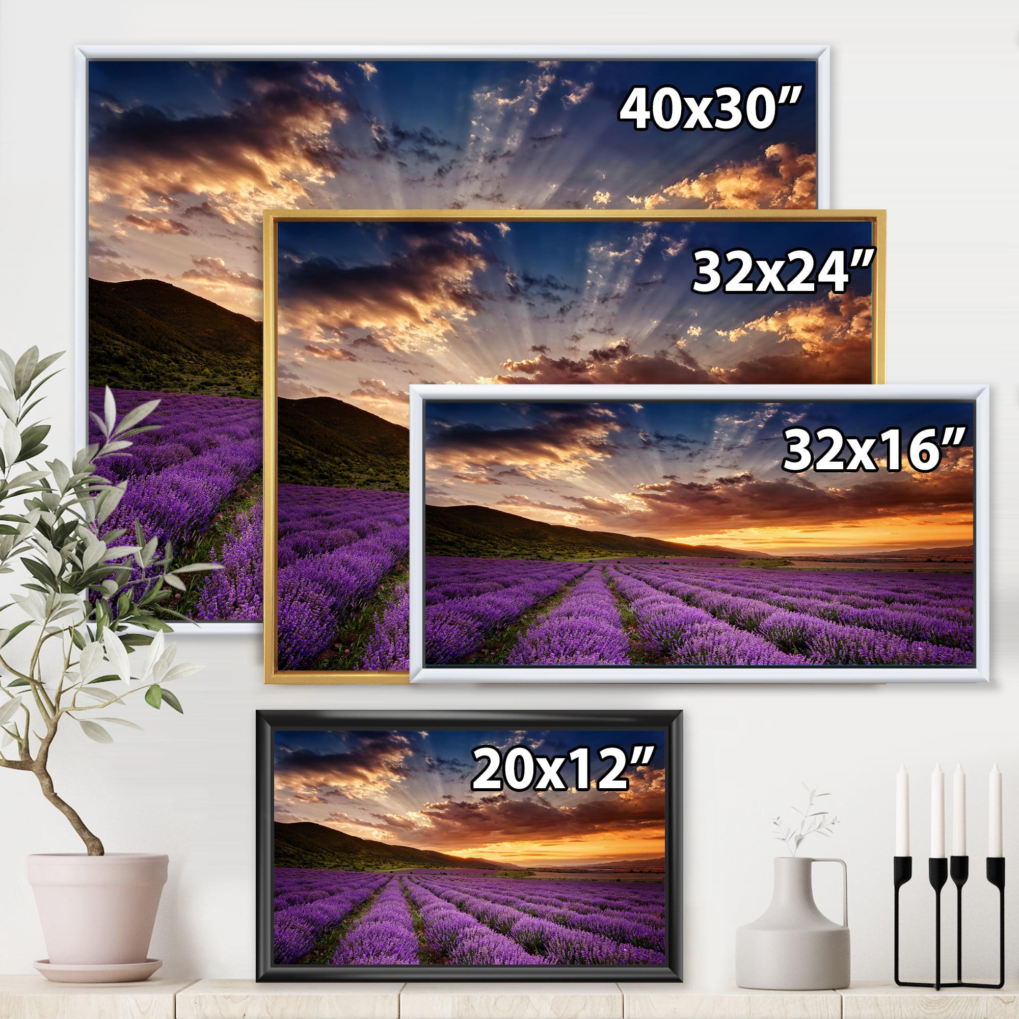 Designart 'Dramatic Clouds and Sunrise Over Lavender Field X' Farmhouse Framed Canvas Wall Art Print