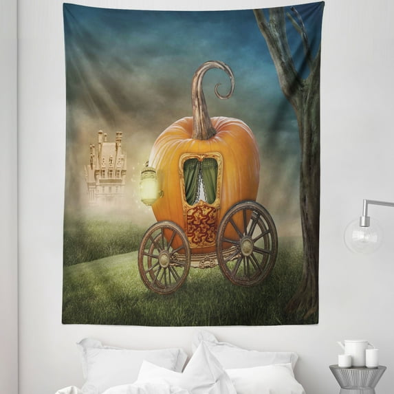 Fantasy Tapestry, Abstract Tale Image Pumpkin Fictional Scenery Cartoon Ella Image Print, Fabric Wall Hanging Decor for Bedroom Living Room Dorm, 5 Sizes, Multicolor, by Ambesonne